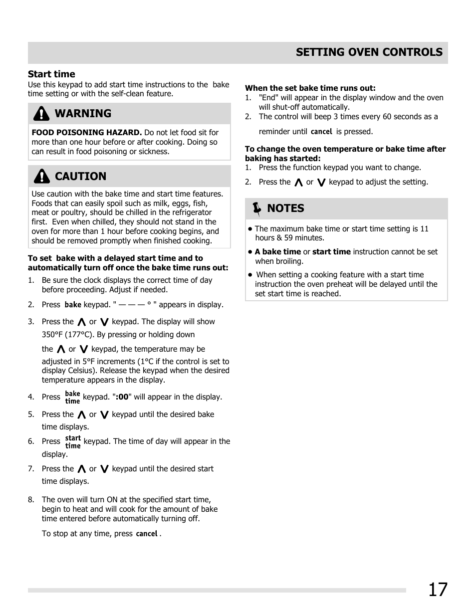 Setting oven controls, Caution warning | FRIGIDAIRE FGGF3032MB User Manual | Page 17 / 36