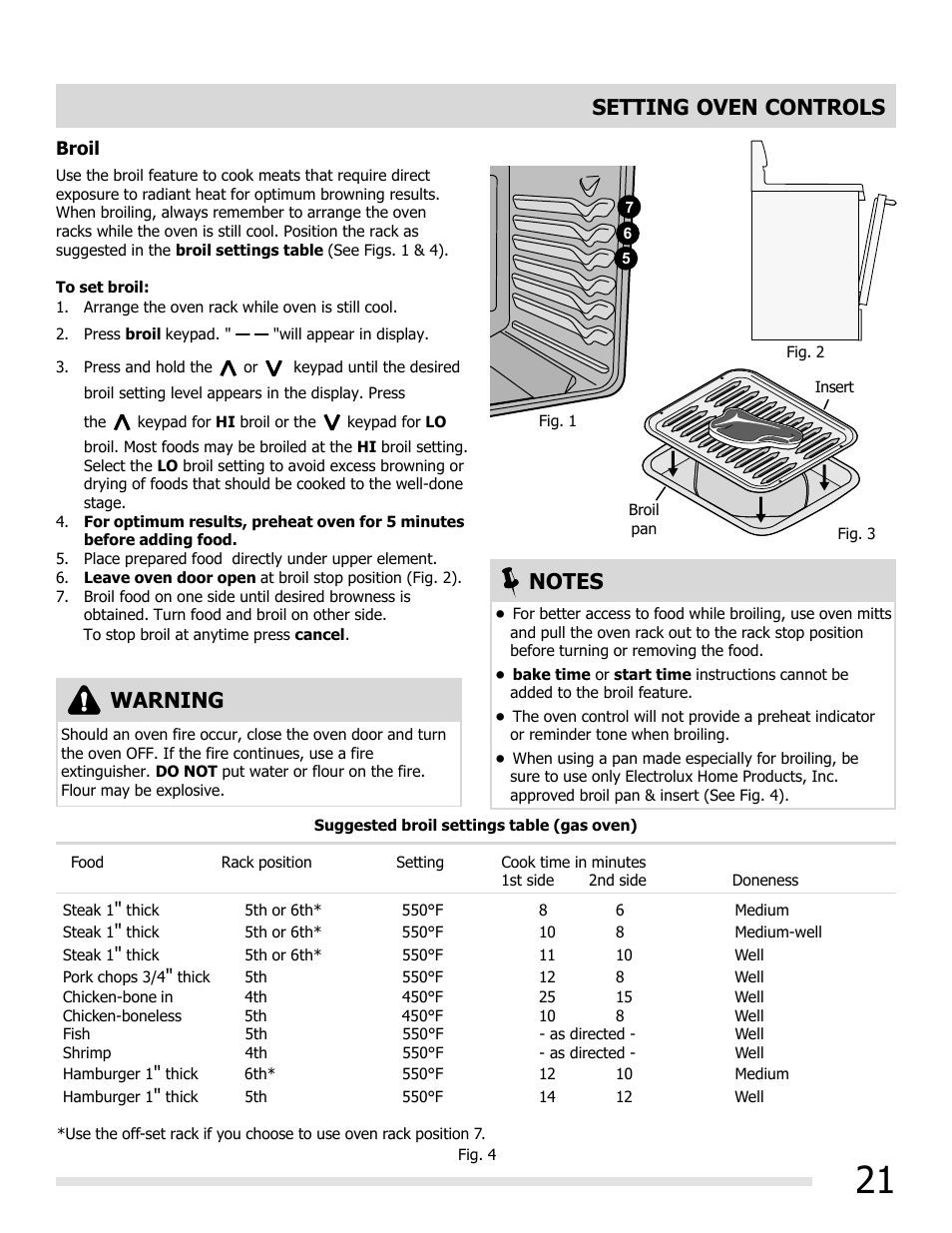 Setting oven controls, Warning | FRIGIDAIRE FGGF3032MB User Manual | Page 21 / 36