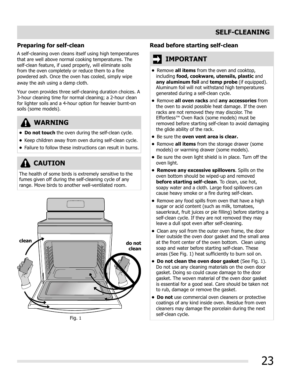 Self-cleaning, Warning, Caution | Important | FRIGIDAIRE FGGF3032MB User Manual | Page 23 / 36