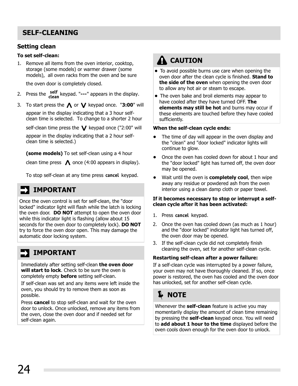 Self-cleaning, Important, Caution | FRIGIDAIRE FGGF3032MB User Manual | Page 24 / 36