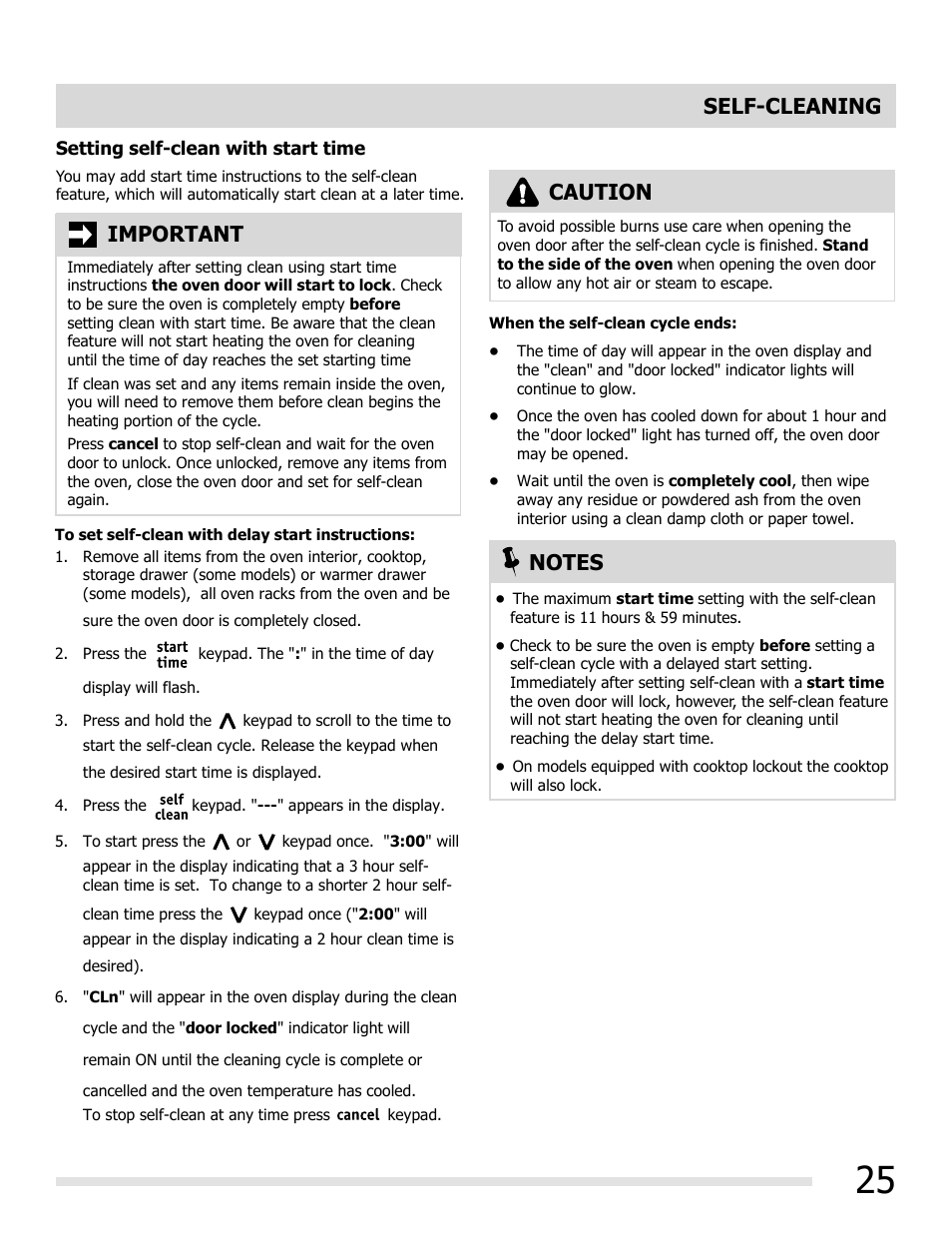 Self-cleaning, Important, Caution | FRIGIDAIRE FGGF3032MB User Manual | Page 25 / 36