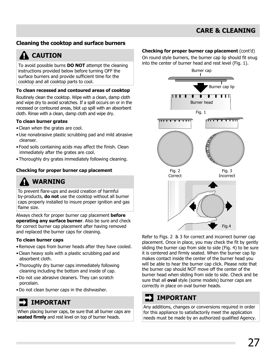 Caution, Warning, Important | Care & cleaning | FRIGIDAIRE FGGF3032MB User Manual | Page 27 / 36