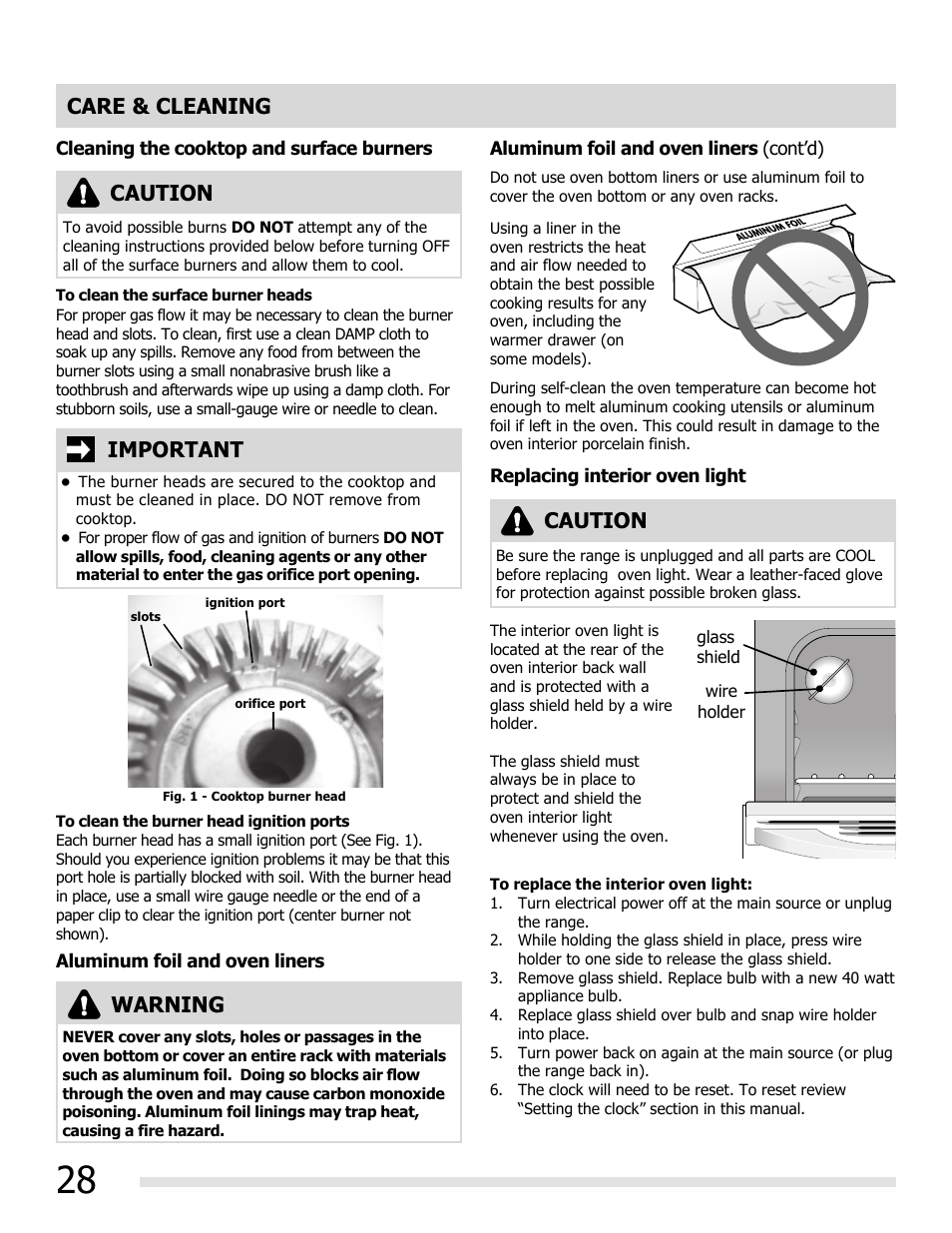 Care & cleaning, Caution, Warning | Important | FRIGIDAIRE FGGF3032MB User Manual | Page 28 / 36