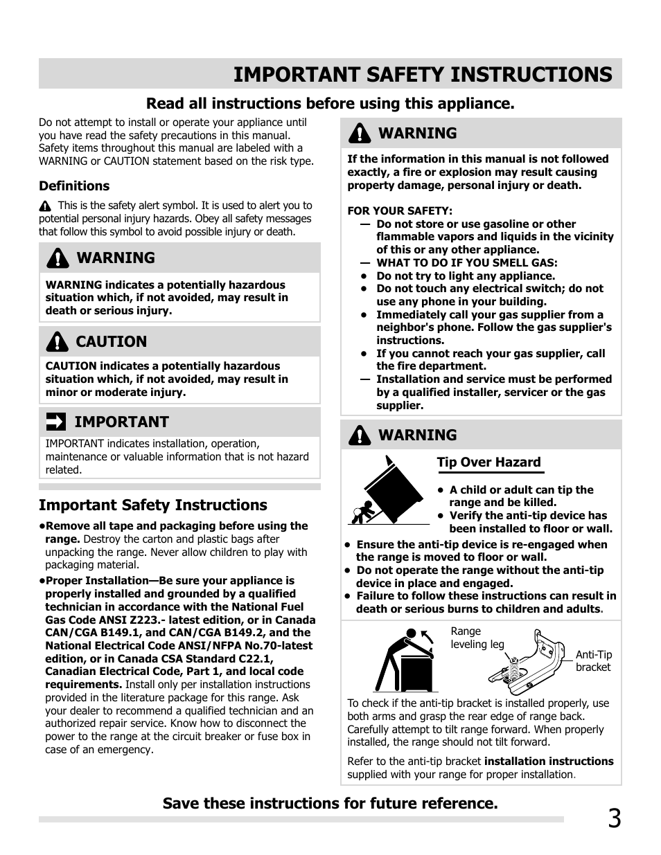 Important safety instructions, Read all instructions before using this appliance, Important | Caution, Important safety instructions warning, Warning | FRIGIDAIRE FGGF3032MB User Manual | Page 3 / 36