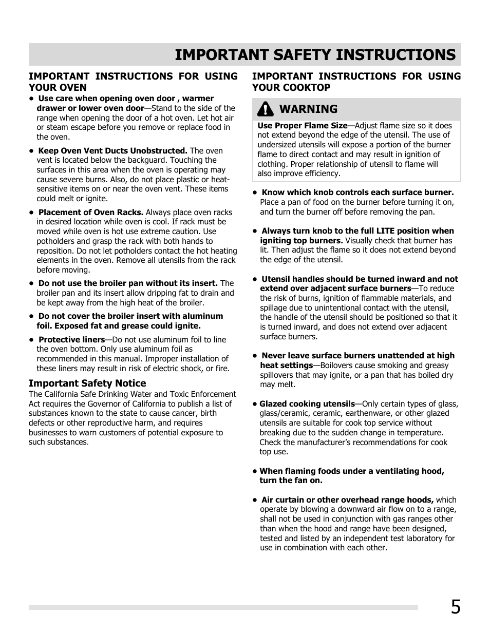 Important safety instructions, Warning | FRIGIDAIRE FGGF3032MB User Manual | Page 5 / 36