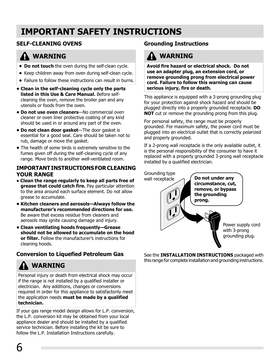 Important safety instructions, Warning | FRIGIDAIRE FGGF3032MB User Manual | Page 6 / 36