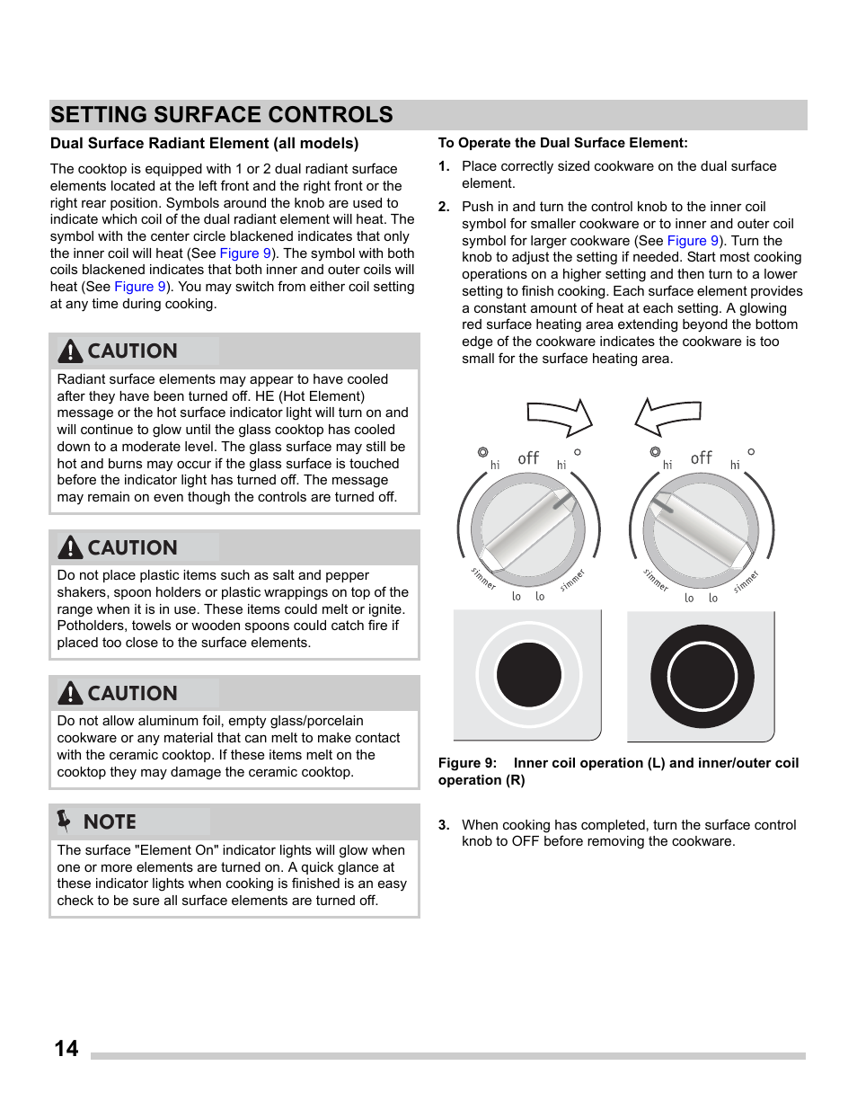 14 setting surface controls, Caution | FRIGIDAIRE FGES3065PF User Manual | Page 14 / 55