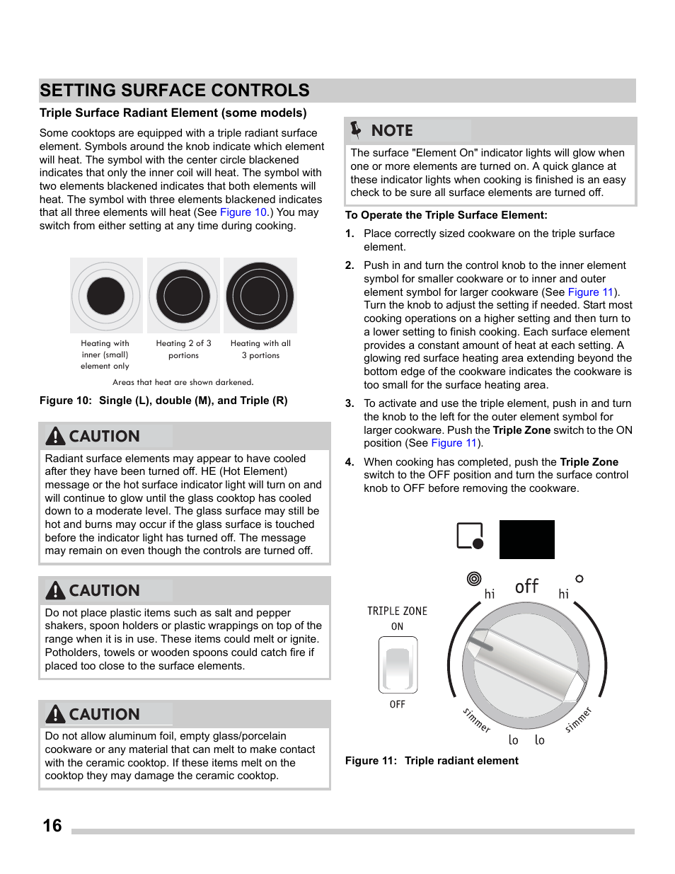 16 setting surface controls, Caution | FRIGIDAIRE FGES3065PF User Manual | Page 16 / 55
