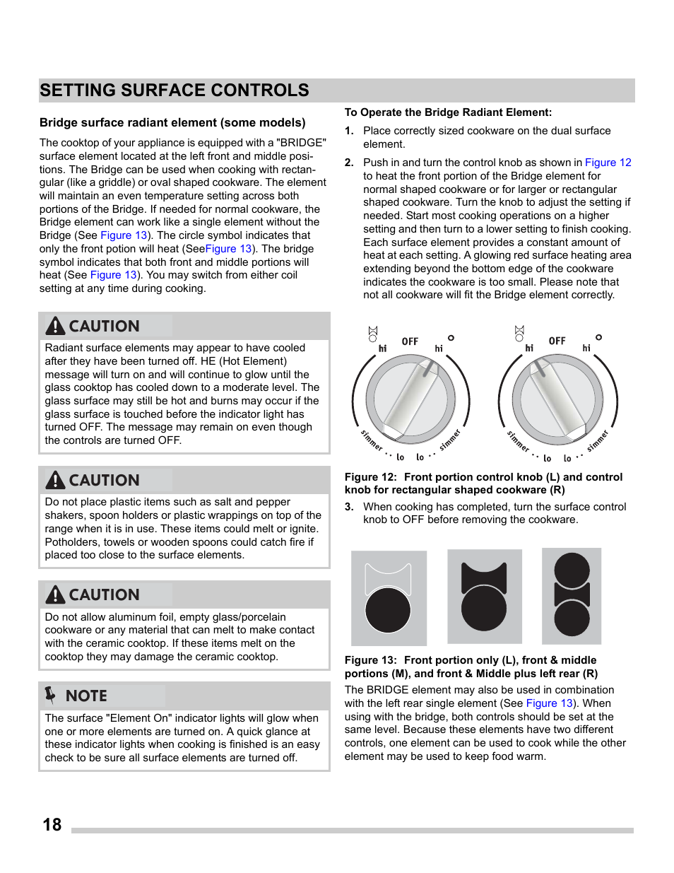 18 setting surface controls, Caution | FRIGIDAIRE FGES3065PF User Manual | Page 18 / 55