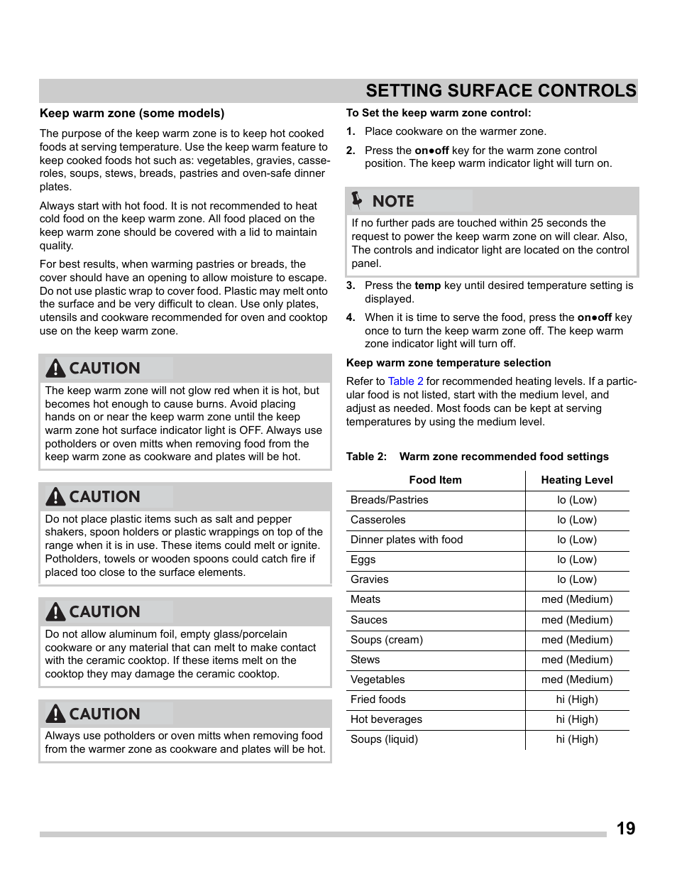 19 setting surface controls, Caution | FRIGIDAIRE FGES3065PF User Manual | Page 19 / 55