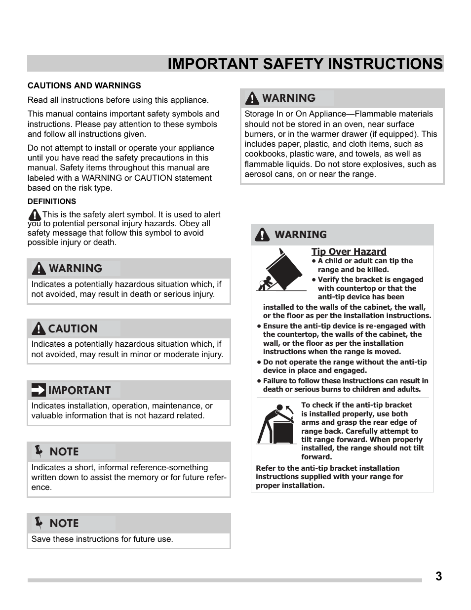 Important safety instructions, Warning | FRIGIDAIRE FGES3065PF User Manual | Page 3 / 55