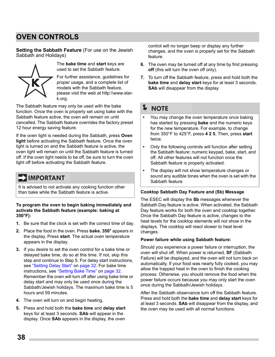 Setting, 38 oven controls, Important | FRIGIDAIRE FGES3065PF User Manual | Page 38 / 55