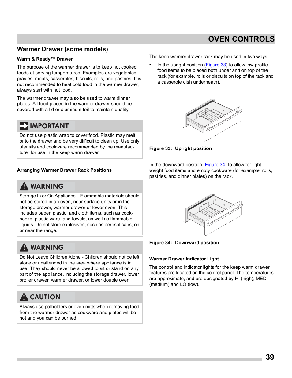 Warmer drawer (some models), 39 oven controls, Important warning warning caution | FRIGIDAIRE FGES3065PF User Manual | Page 39 / 55