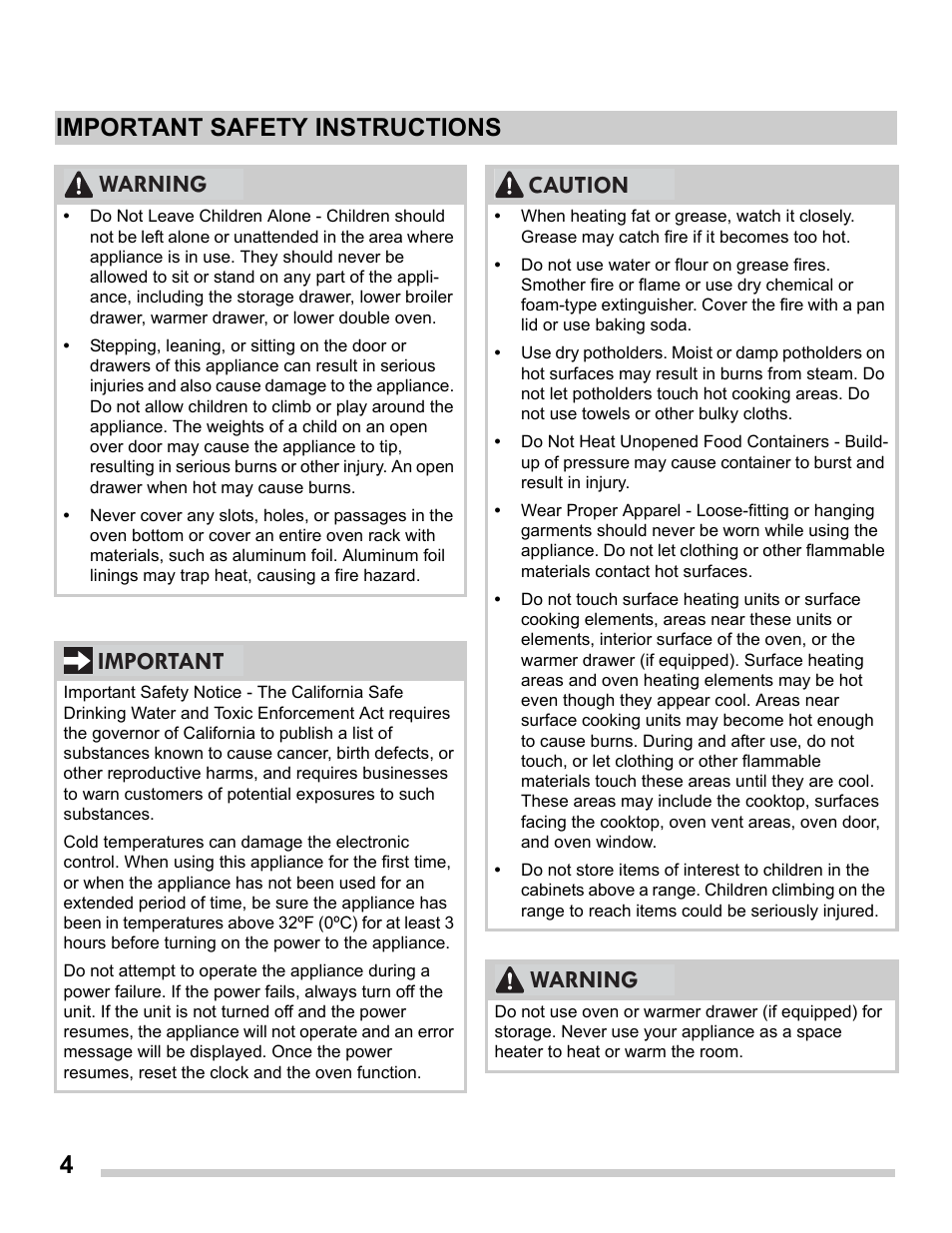 4important safety instructions, Warning important, Caution warning | FRIGIDAIRE FGES3065PF User Manual | Page 4 / 55
