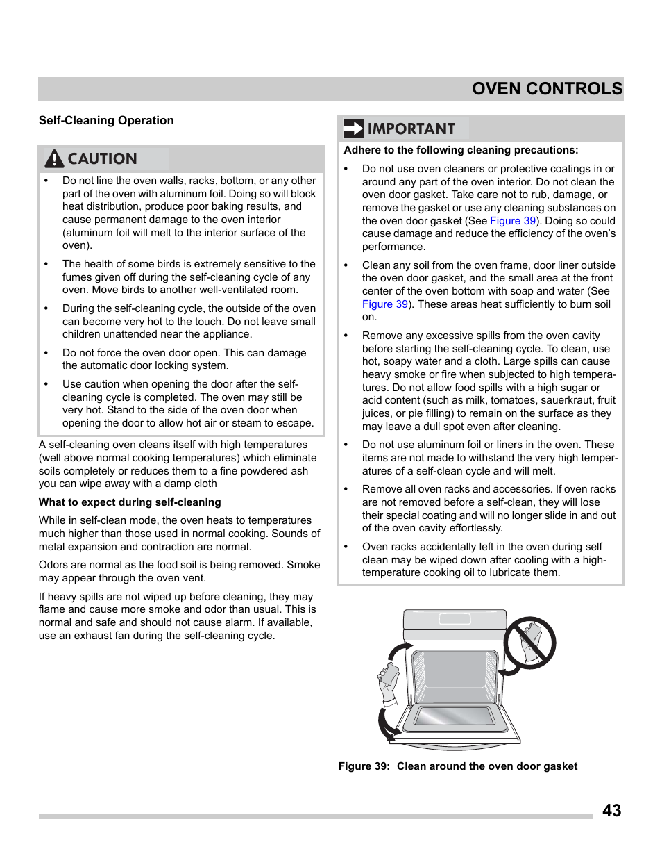Self-cleaning operation, 43 oven controls, Caution | Important | FRIGIDAIRE FGES3065PF User Manual | Page 43 / 55