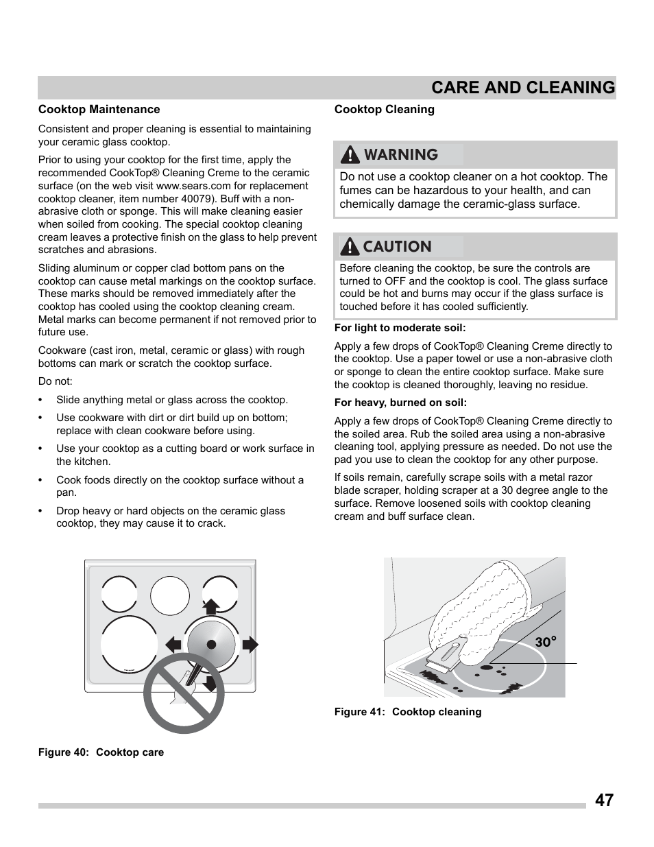 Cooktop mainte, Nance, 47 care and cleaning | Warning caution | FRIGIDAIRE FGES3065PF User Manual | Page 47 / 55