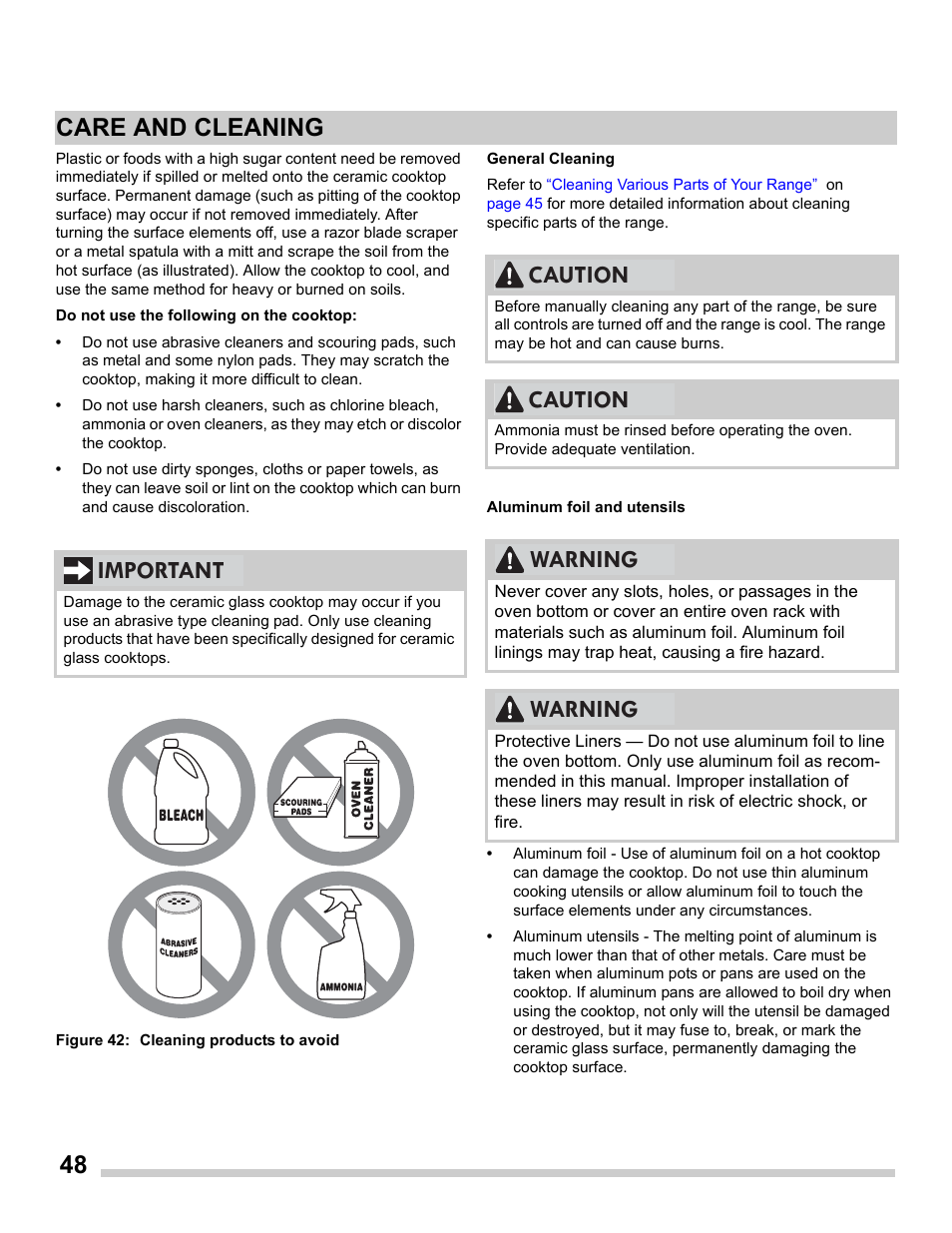 48 care and cleaning, Important, Caution | Caution warning warning | FRIGIDAIRE FGES3065PF User Manual | Page 48 / 55