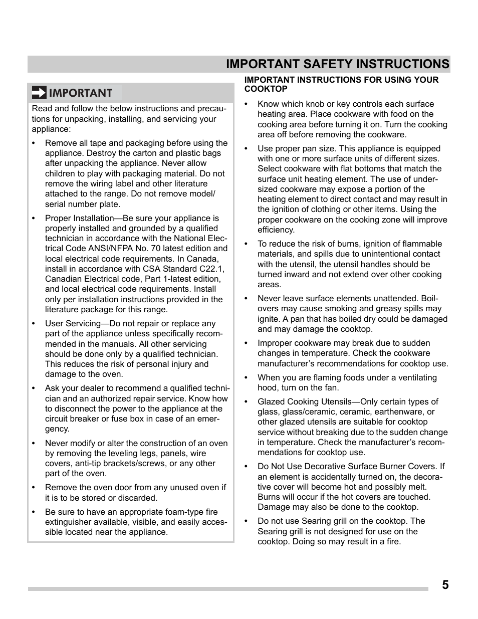 5important safety instructions, Important | FRIGIDAIRE FGES3065PF User Manual | Page 5 / 55