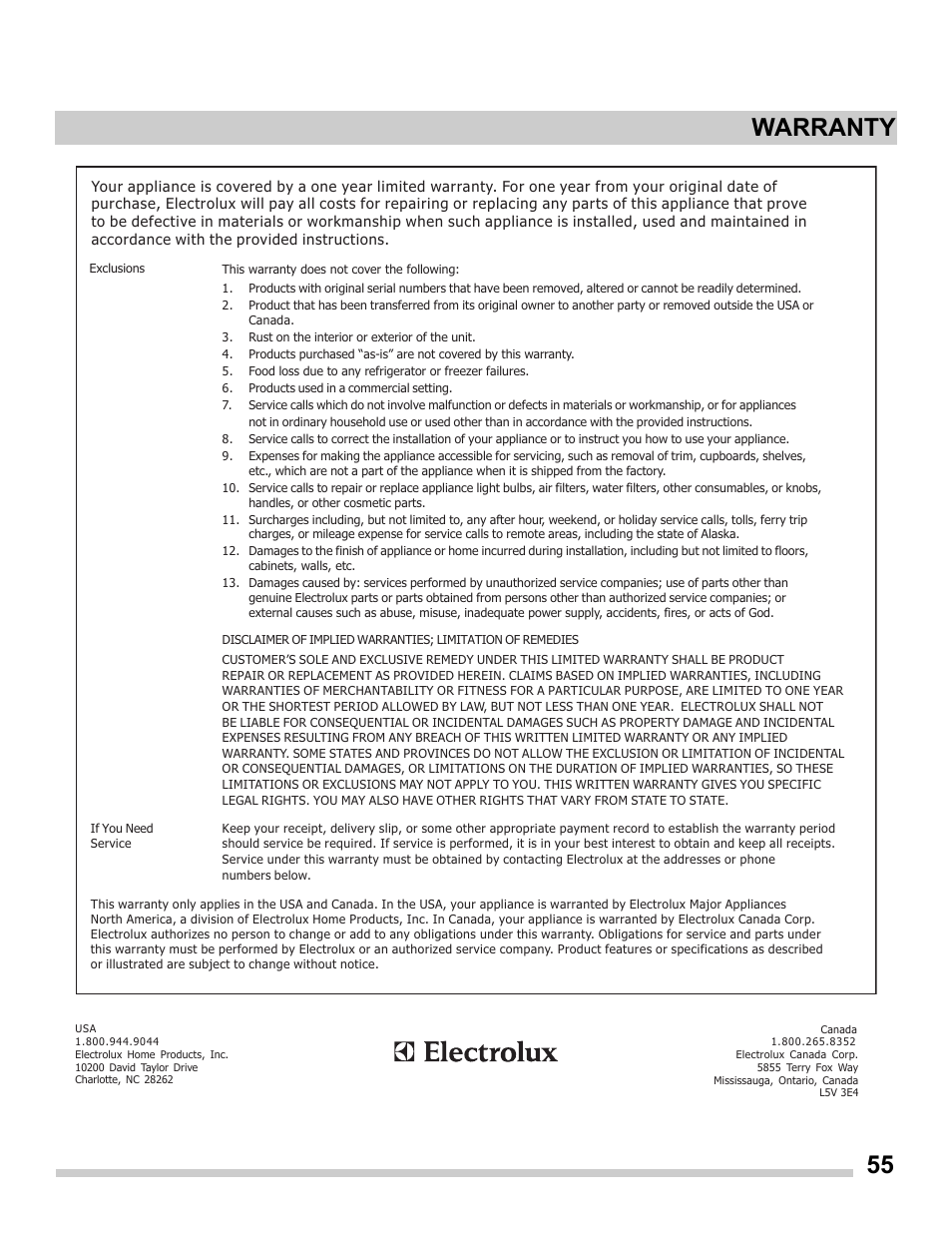 Warranty | FRIGIDAIRE FGES3065PF User Manual | Page 55 / 55