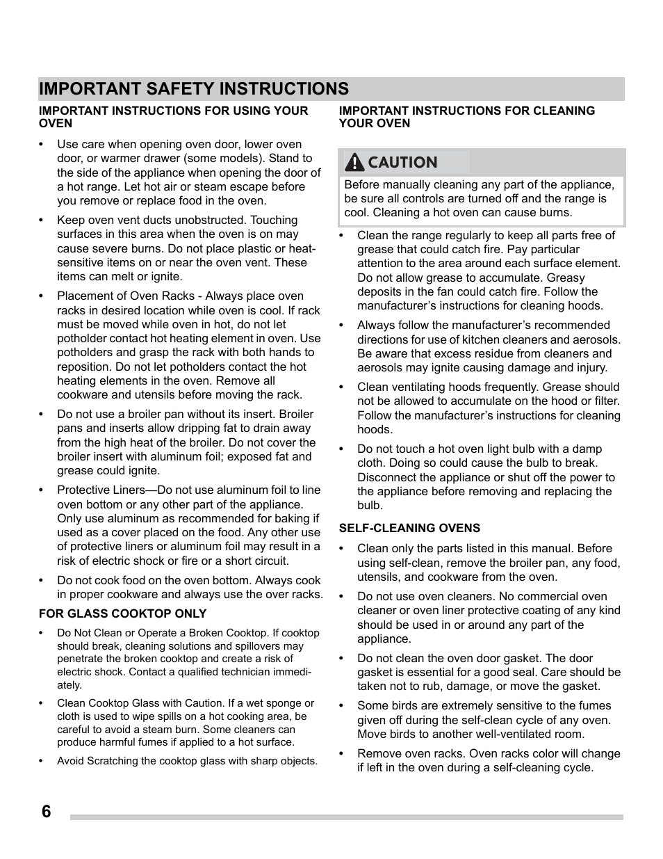 6important safety instructions, Caution | FRIGIDAIRE FGES3065PF User Manual | Page 6 / 55