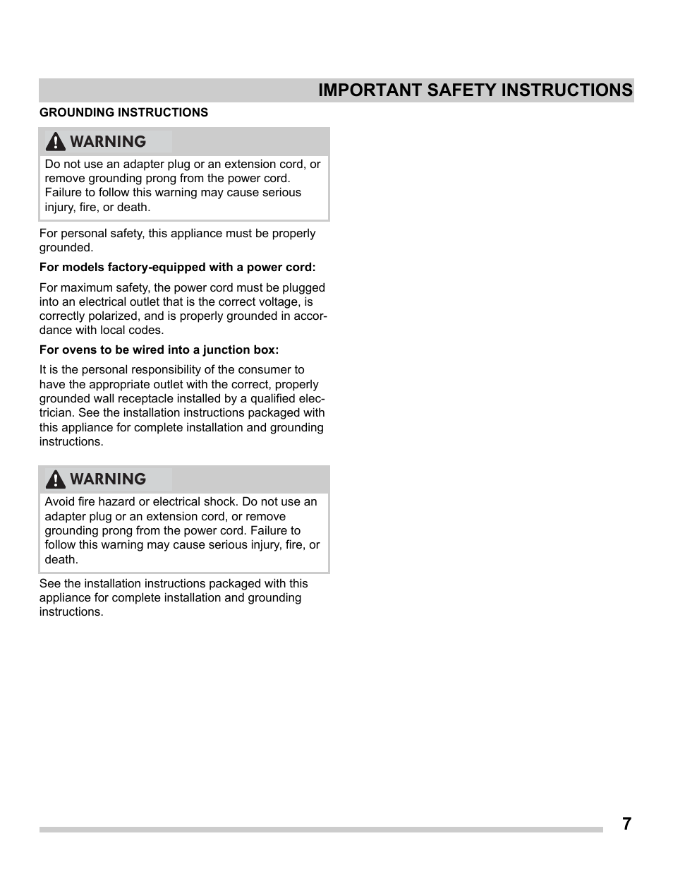 7important safety instructions, Warning | FRIGIDAIRE FGES3065PF User Manual | Page 7 / 55