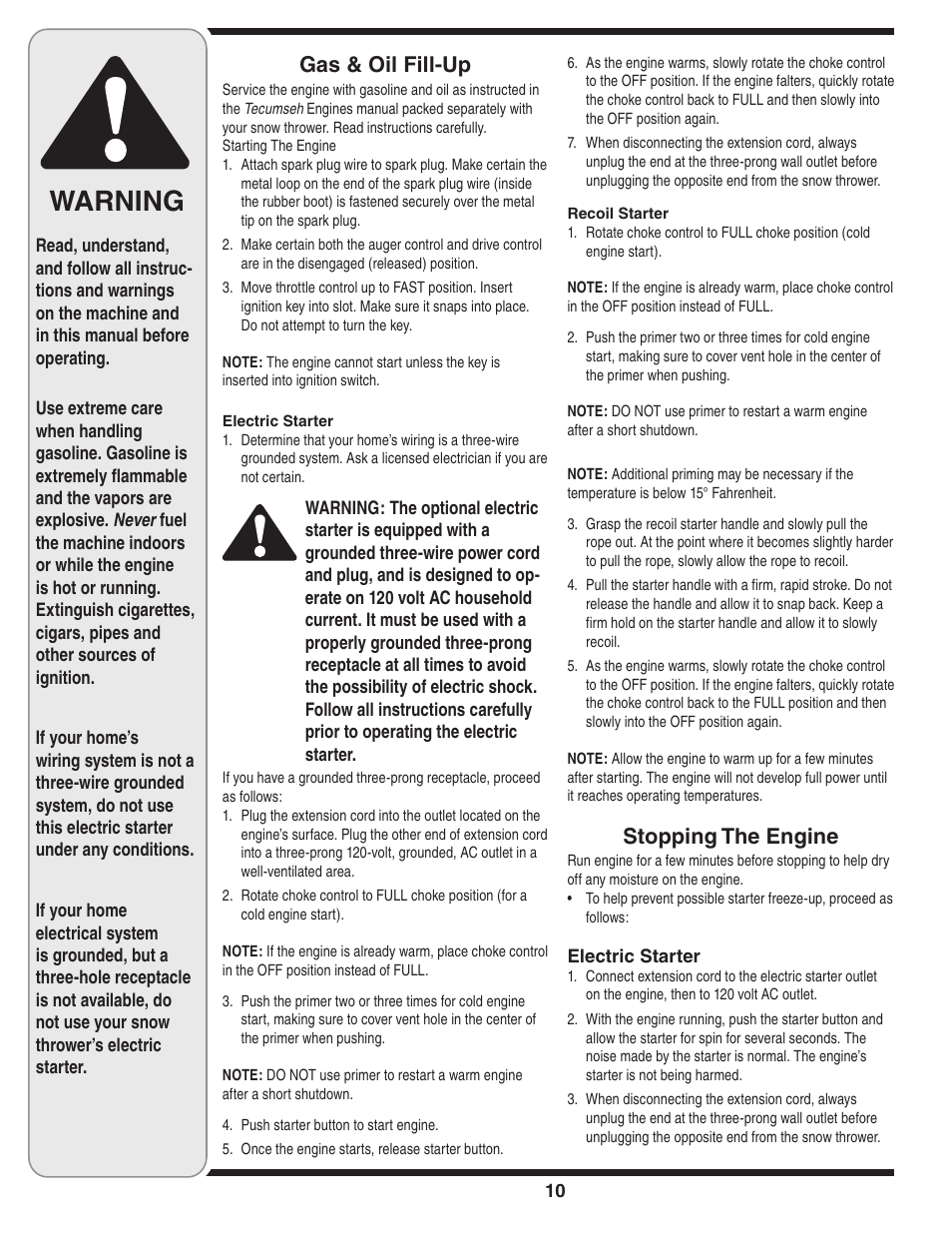 Warning, Gas & oil fill-up, Stopping the engine | MTD C Style User Manual | Page 10 / 28