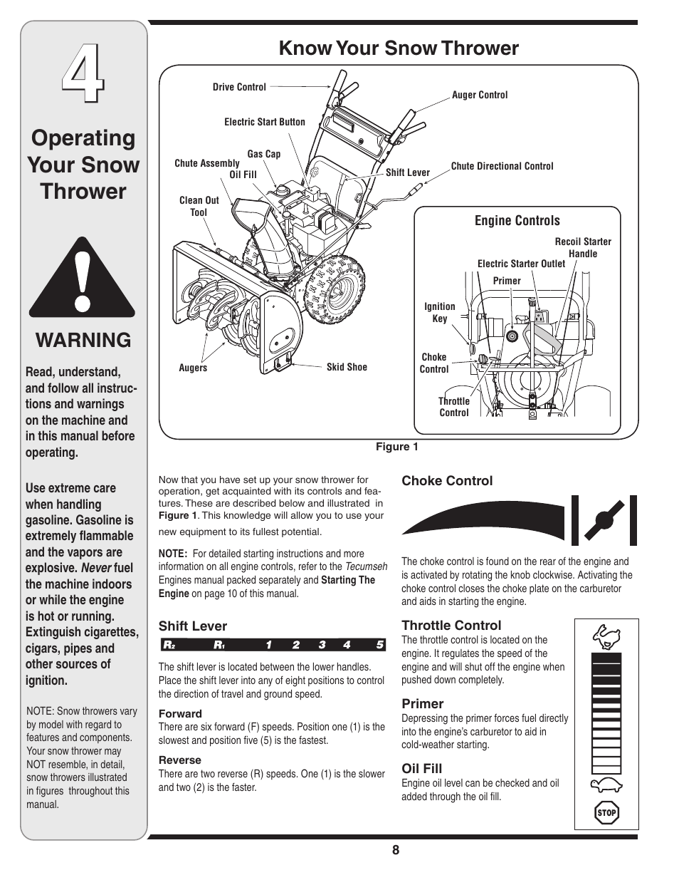 Operating your snow thrower, Know your snow thrower, Warning | MTD C Style User Manual | Page 8 / 28