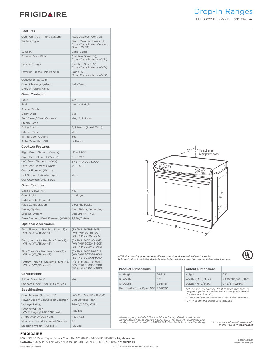 Slide-in electric ranges frigidaire baseline, Drop-in ranges | FRIGIDAIRE FFED3025PS User Manual | Page 2 / 7
