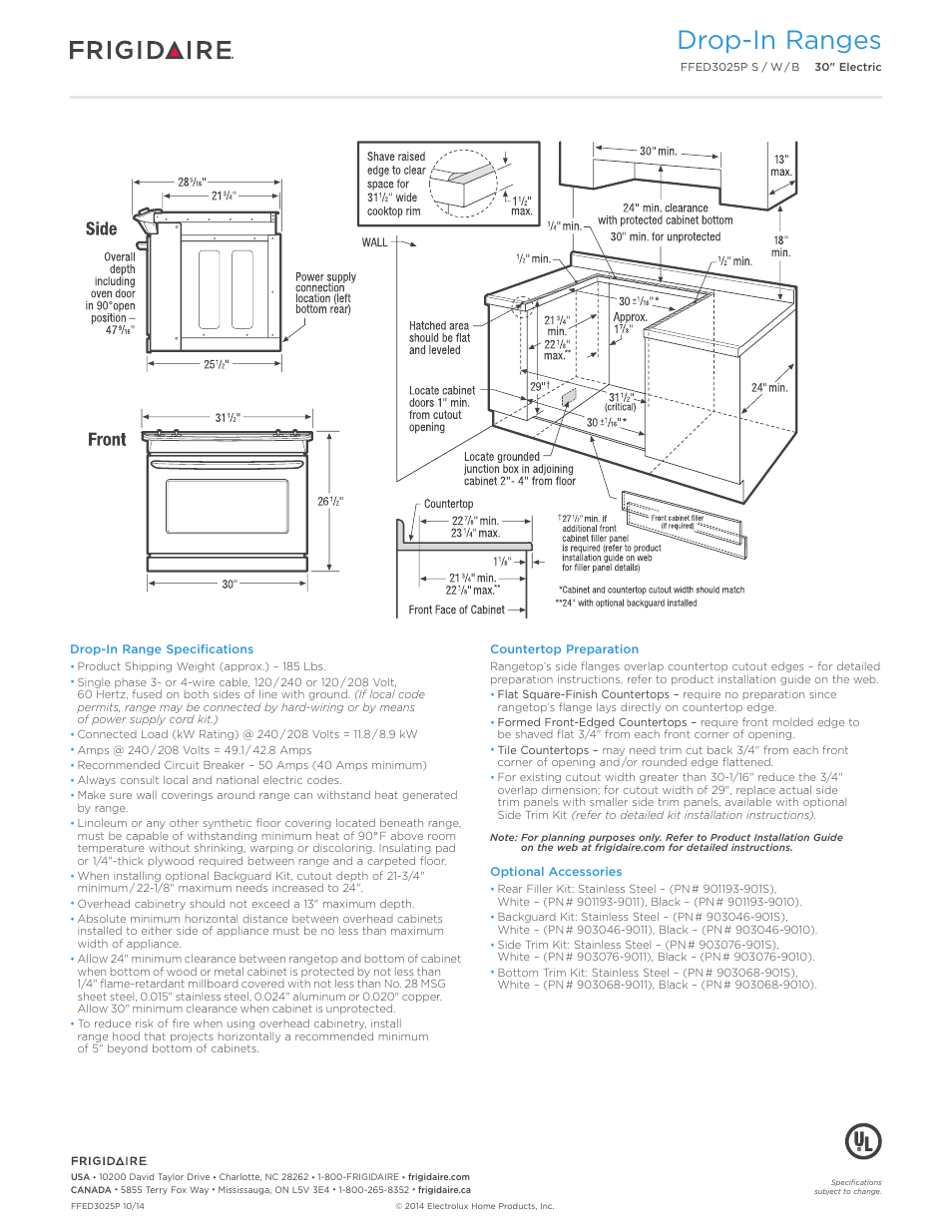 30" electric drop-in range frig baseline, Drop-in ranges | FRIGIDAIRE FFED3025PS User Manual | Page 3 / 7