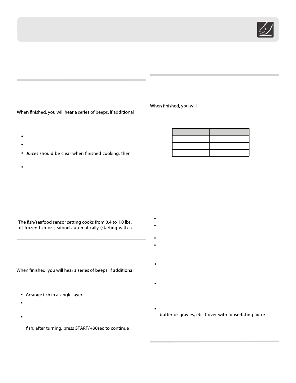 Sensor operations, Meat (frozen), Fish / seafood (frozen) | Bacon, Sensor reheat | FRIGIDAIRE FFCE2238LB User Manual | Page 14 / 22