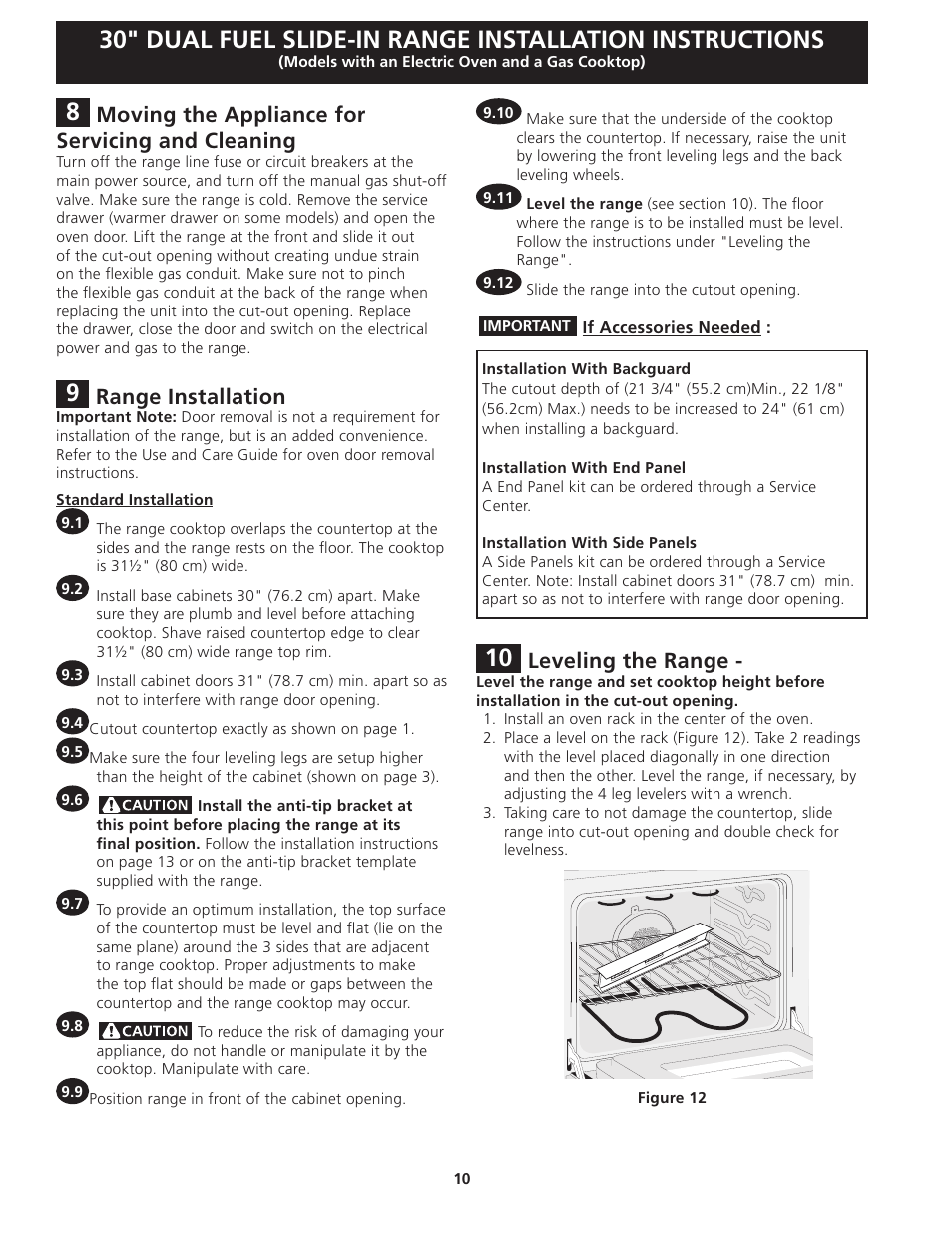 Leveling the range, Range installation, Moving the appliance for servicing and cleaning | FRIGIDAIRE FGDS3065KW User Manual | Page 10 / 40
