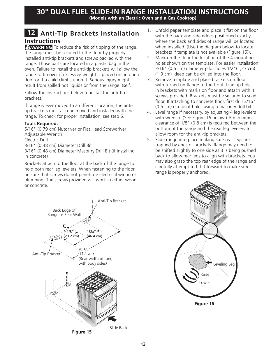Anti-tip brackets installation instructions | FRIGIDAIRE FGDS3065KW User Manual | Page 13 / 40