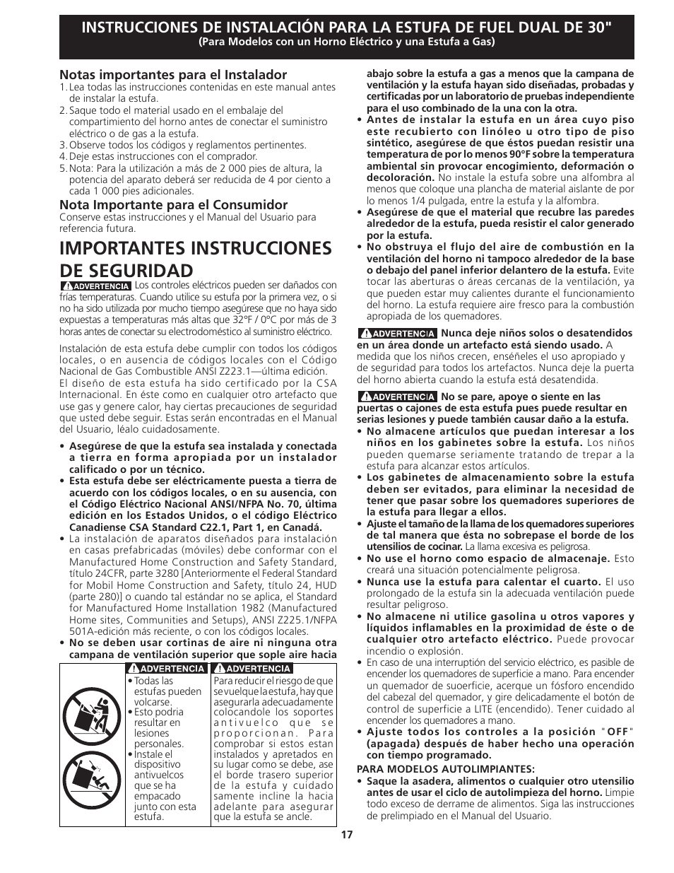 Importantes instrucciones de seguridad, Notas importantes para el instalador, Nota importante para el consumidor | FRIGIDAIRE FGDS3065KW User Manual | Page 17 / 40