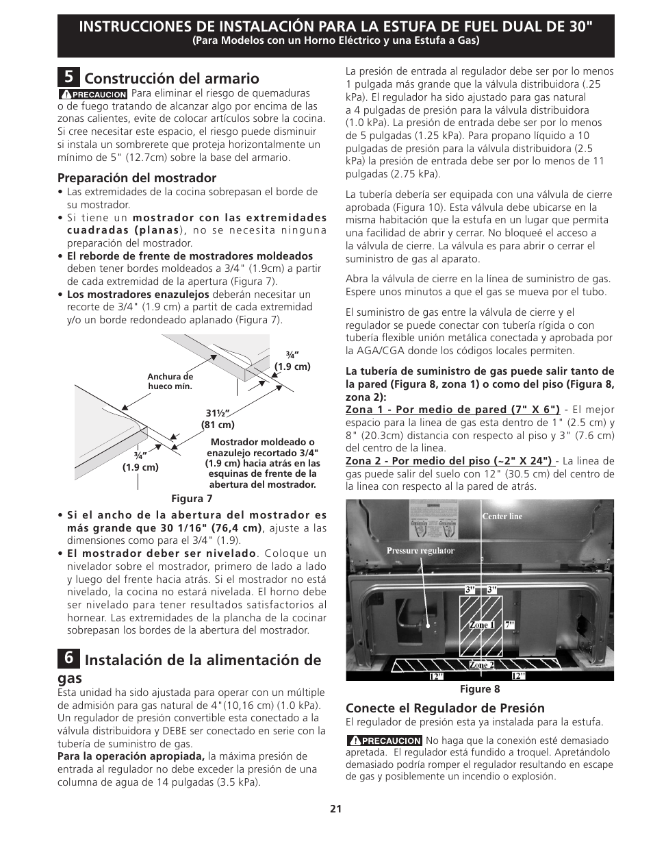 Instalación de la alimentación de gas, Construcción del armario | FRIGIDAIRE FGDS3065KW User Manual | Page 21 / 40