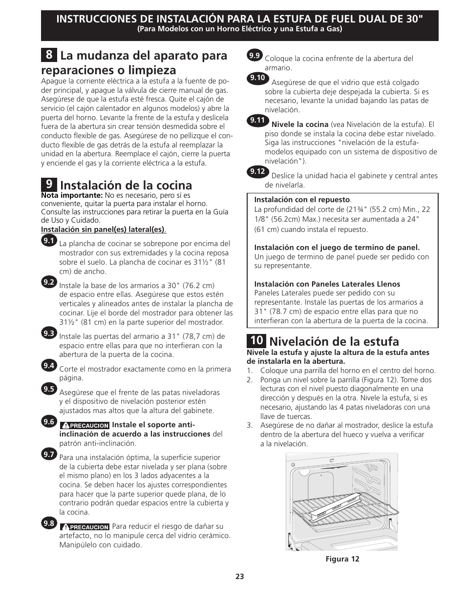 Instalación de la cocina, Nivelación de la estufa | FRIGIDAIRE FGDS3065KW User Manual | Page 23 / 40
