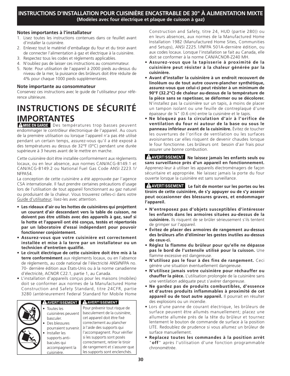 Instructions de sécurité importantes | FRIGIDAIRE FGDS3065KW User Manual | Page 30 / 40