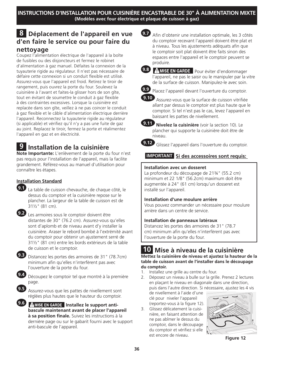 Installation de la cuisinière, Mise à niveau de la cuisinière | FRIGIDAIRE FGDS3065KW User Manual | Page 36 / 40