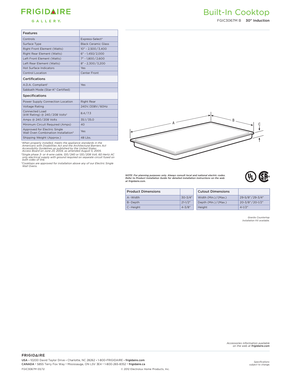 Drop-in electric cooktops frigidaire baseline, Built-in cooktop | FRIGIDAIRE FGIC3067MB User Manual | Page 2 / 5