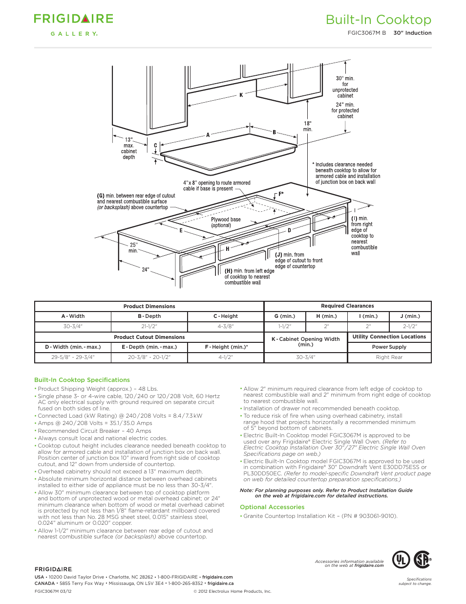 Drop-in induction / electric cooktops, Professional / gallery / baseline, Built-in cooktop | Callouts must be charted per individual model) | FRIGIDAIRE FGIC3067MB User Manual | Page 3 / 5
