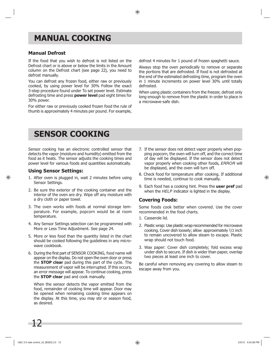 Manual cooking, Sensor cooking | FRIGIDAIRE FGMV205KF User Manual | Page 12 / 29