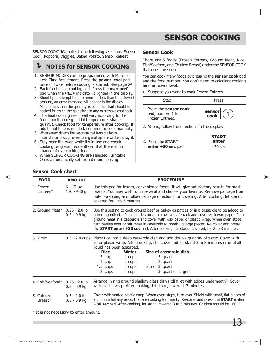 Sensor cooking | FRIGIDAIRE FGMV205KF User Manual | Page 13 / 29