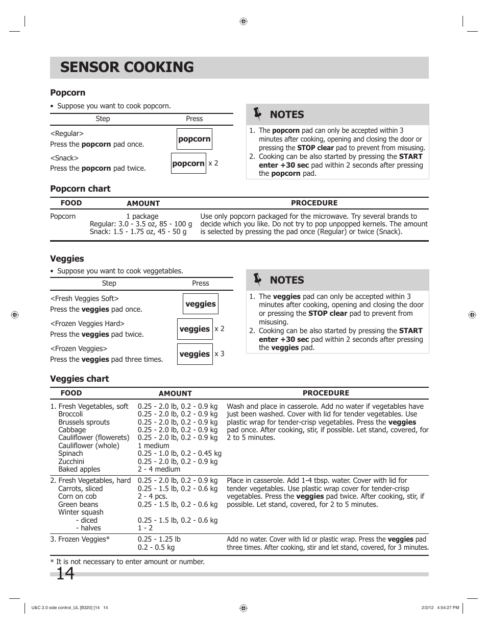 Sensor cooking | FRIGIDAIRE FGMV205KF User Manual | Page 14 / 29