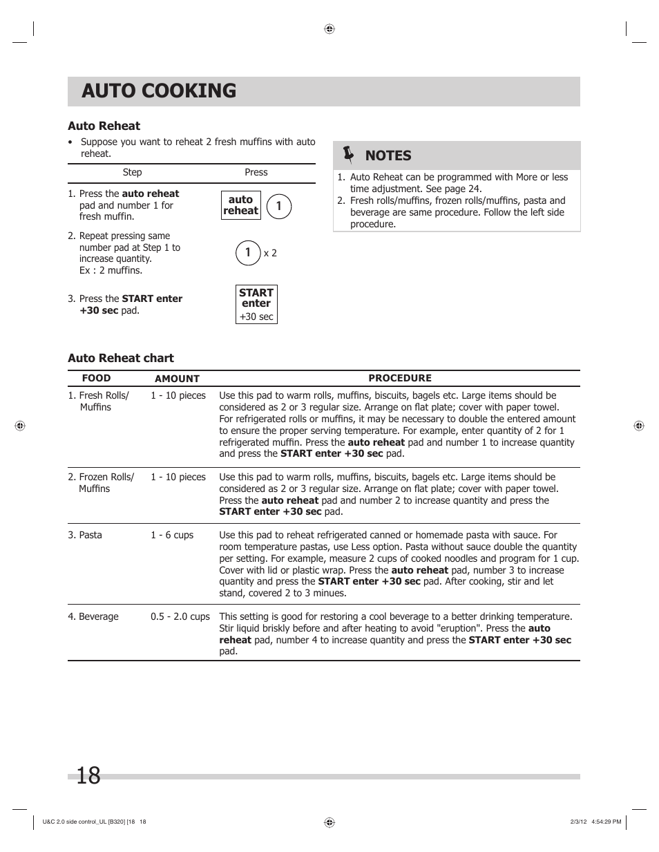 Auto cooking | FRIGIDAIRE FGMV205KF User Manual | Page 18 / 29