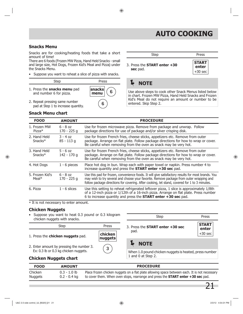 Auto cooking | FRIGIDAIRE FGMV205KF User Manual | Page 21 / 29