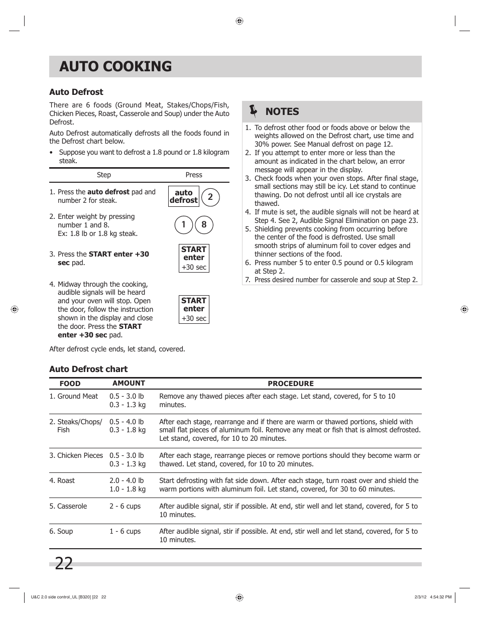 Auto cooking | FRIGIDAIRE FGMV205KF User Manual | Page 22 / 29