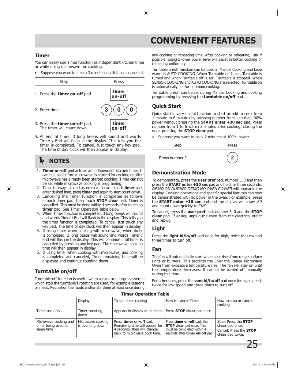 Convenient features | FRIGIDAIRE FGMV205KF User Manual | Page 25 / 29