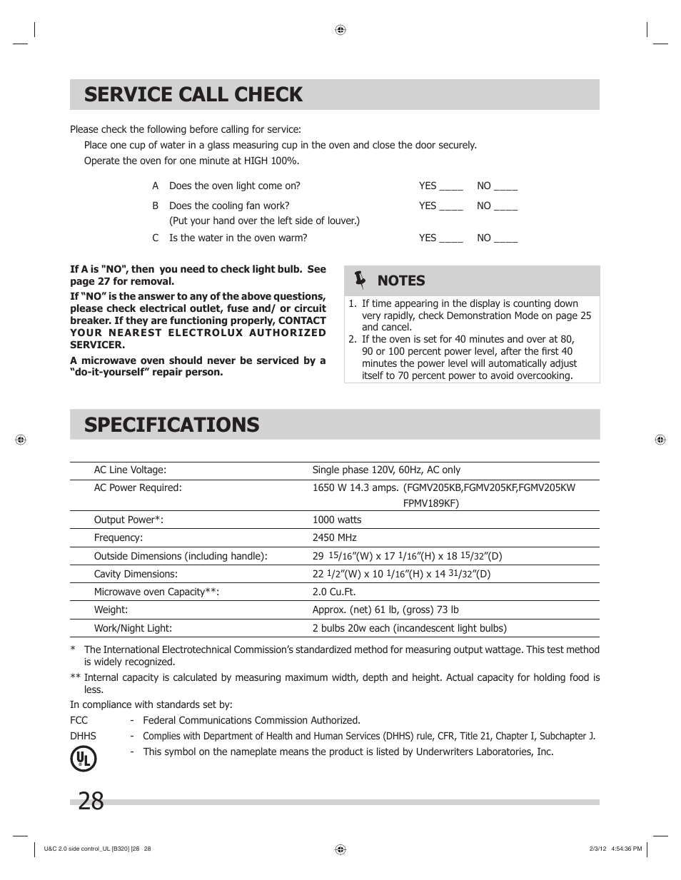 Service call check specifications | FRIGIDAIRE FGMV205KF User Manual | Page 28 / 29