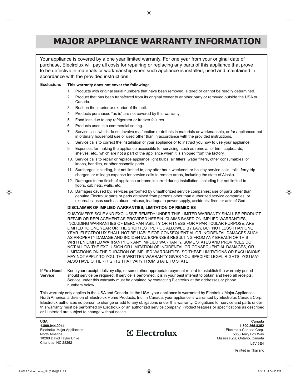 Major appliance warranty information | FRIGIDAIRE FGMV205KF User Manual | Page 29 / 29