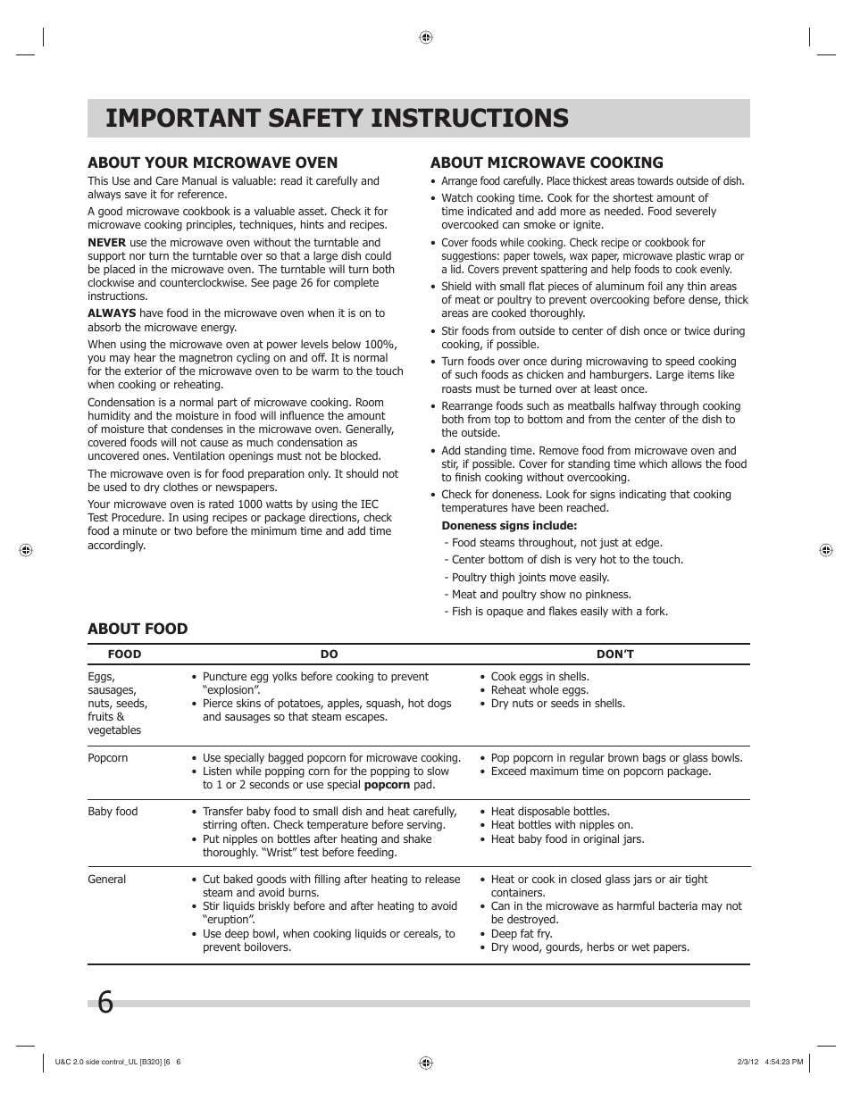 Important safety instructions, About your microwave oven, About microwave cooking | About food | FRIGIDAIRE FGMV205KF User Manual | Page 6 / 29