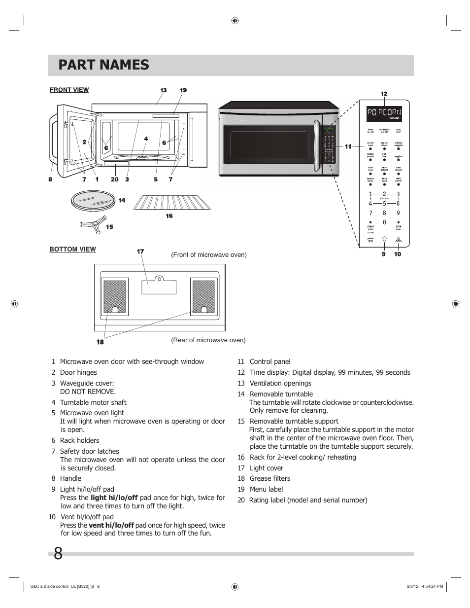 Part names | FRIGIDAIRE FGMV205KF User Manual | Page 8 / 29